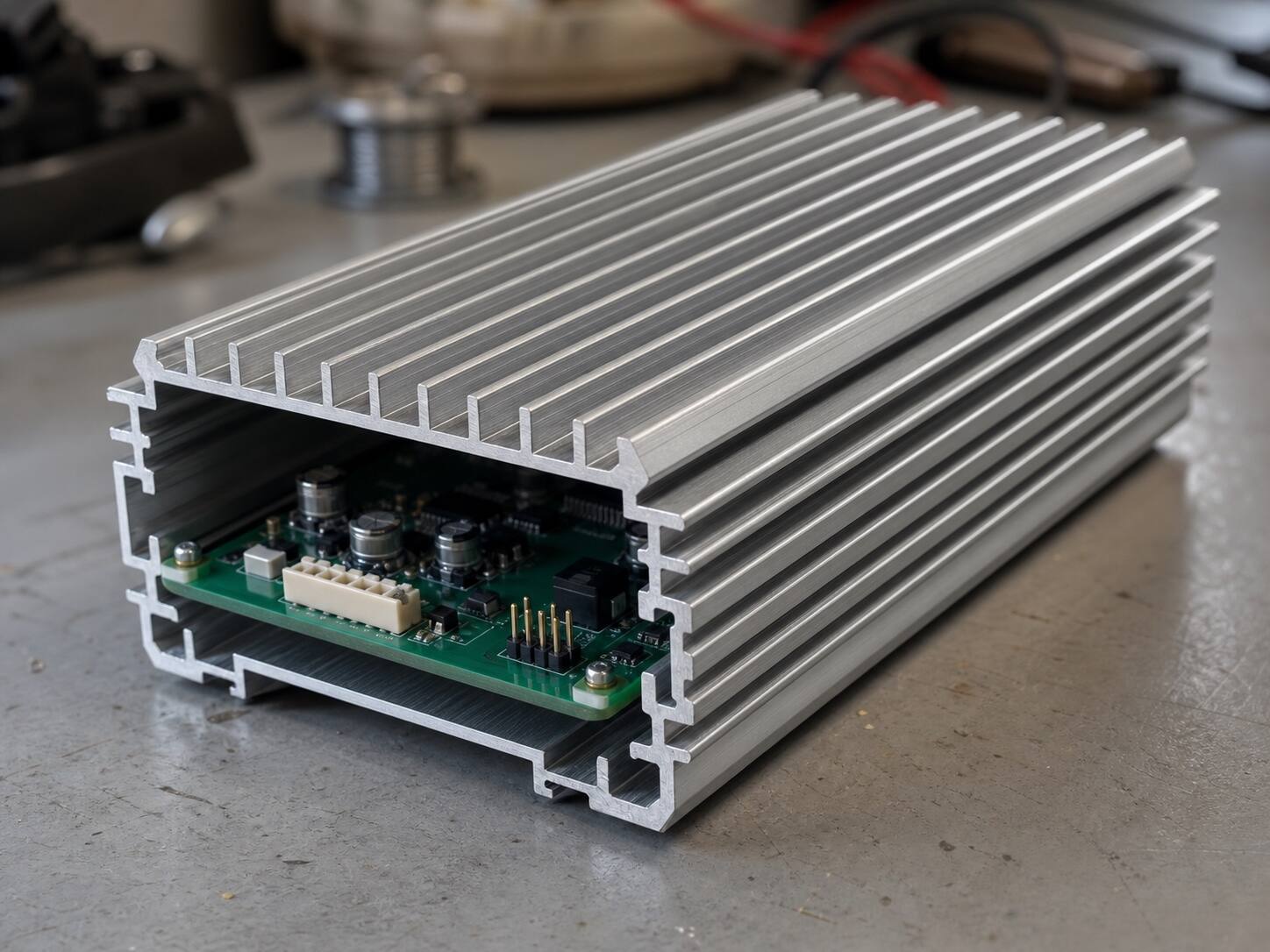 Finned extruded-aluminum electronics enclosure with a circuit board seated in the internal board-guide slots