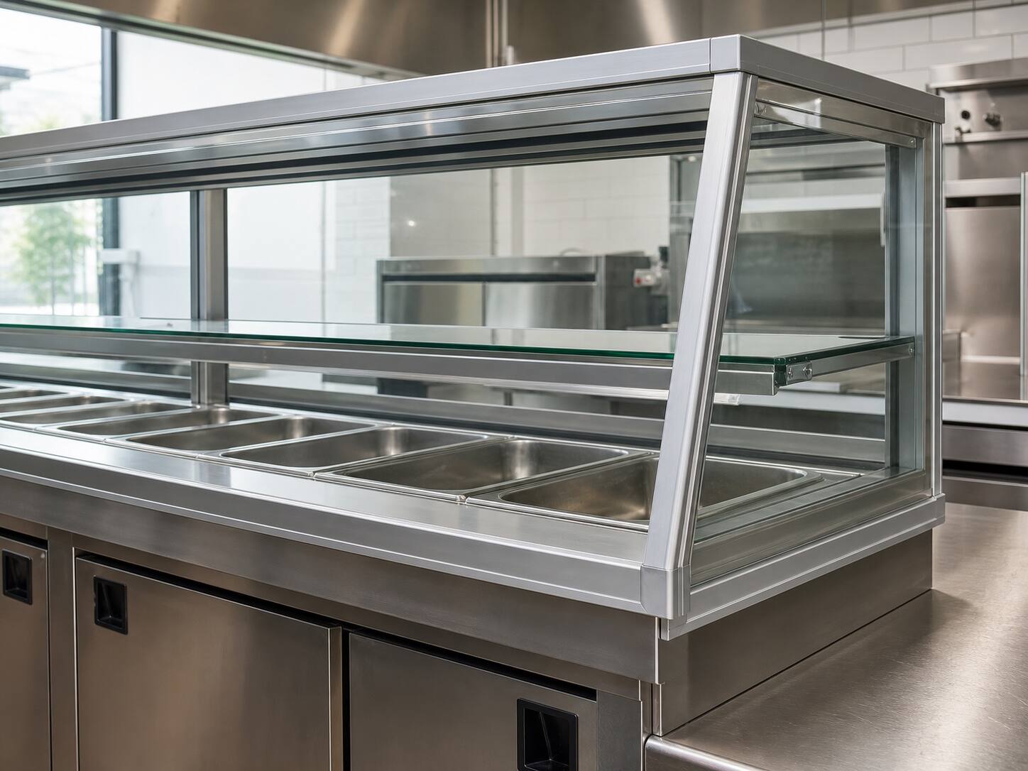 Refrigerated food-service display case with an extruded-aluminum frame over stainless steel pans